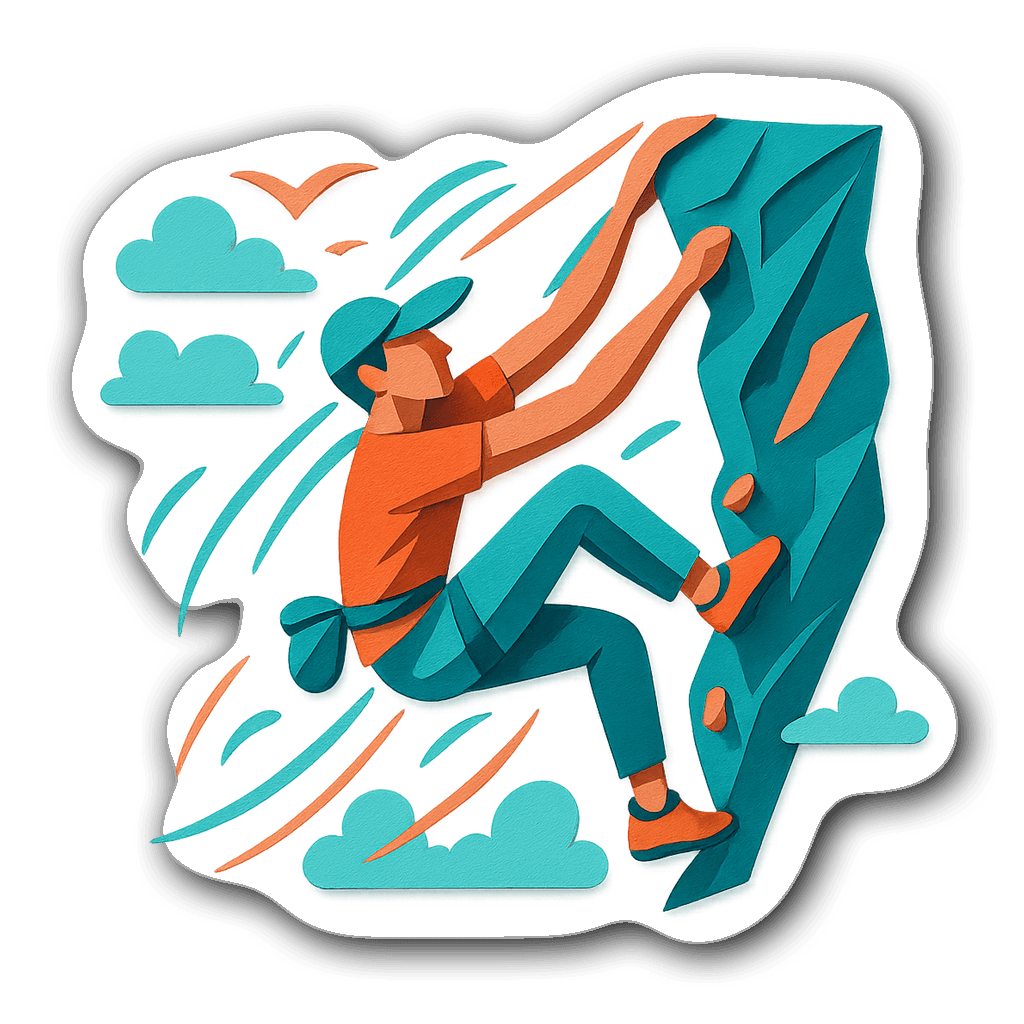 Dynamic rock climber sticker with clouds and birds