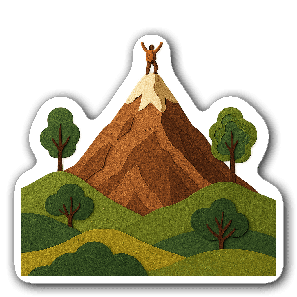 A whimsical mountain landscape sticker with a climber