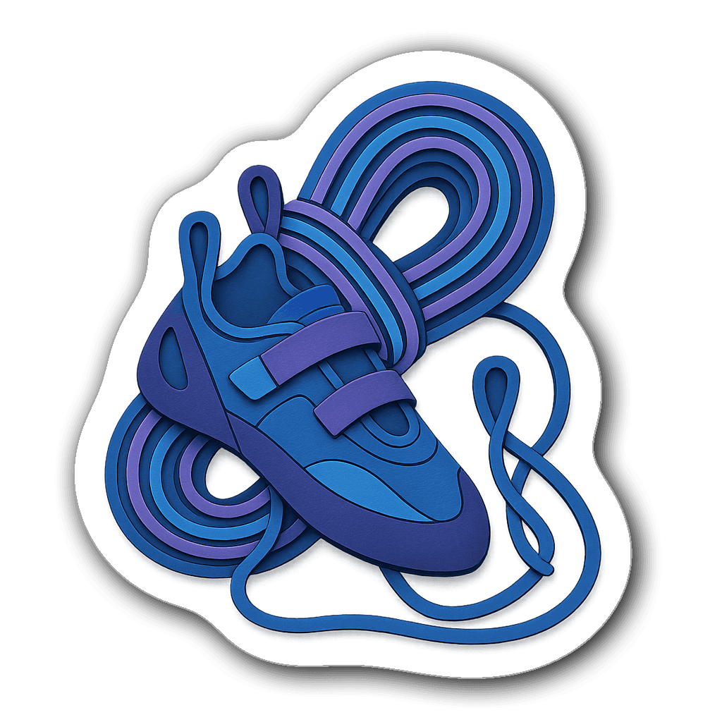 Die-cut sticker of rock climbing shoes and rope in vibrant colors