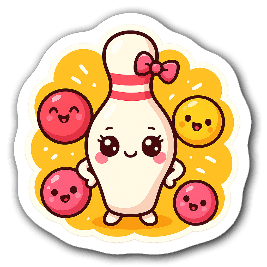 Kawaii bowling pin character sticker with playful bowling balls