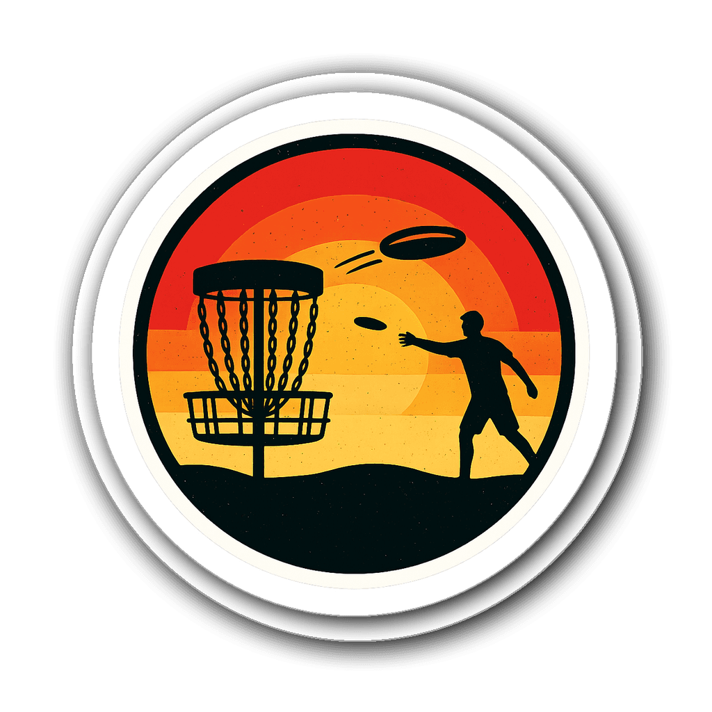 Retro disc golf vinyl sticker with hilly landscape and trees