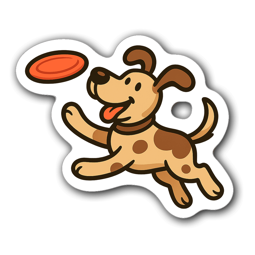 Cartoon-style dog fetching an orange disc in mid-air