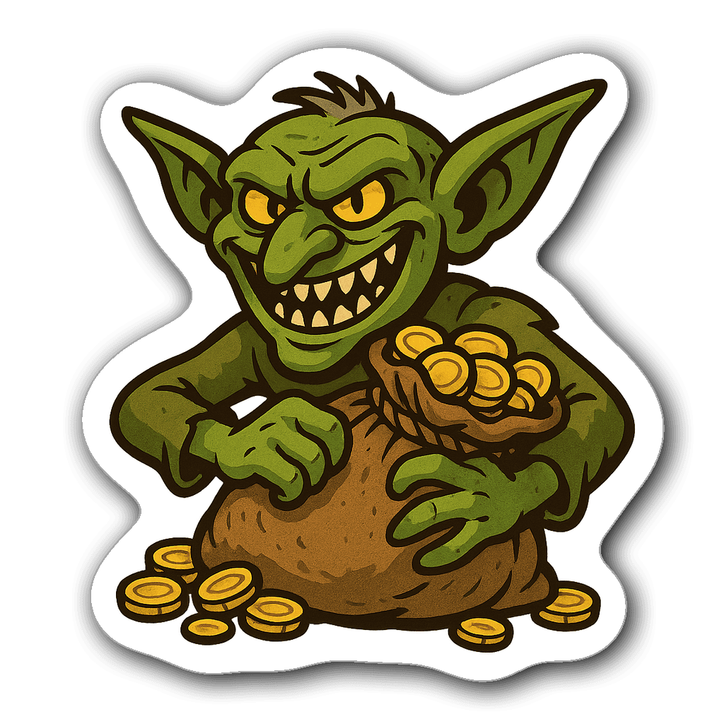 Mischievous goblin character sticker with gold coins