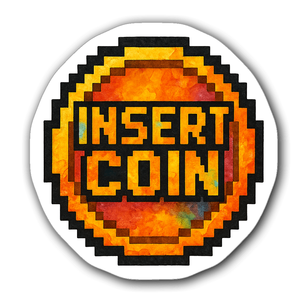 Retro arcade coin sticker with soft watercolor illustration
