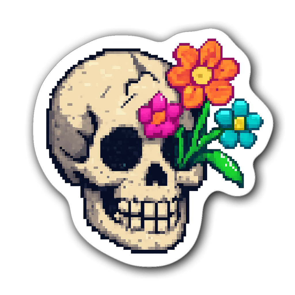 Pixel art skull sticker with neon flowers in vibrant colors