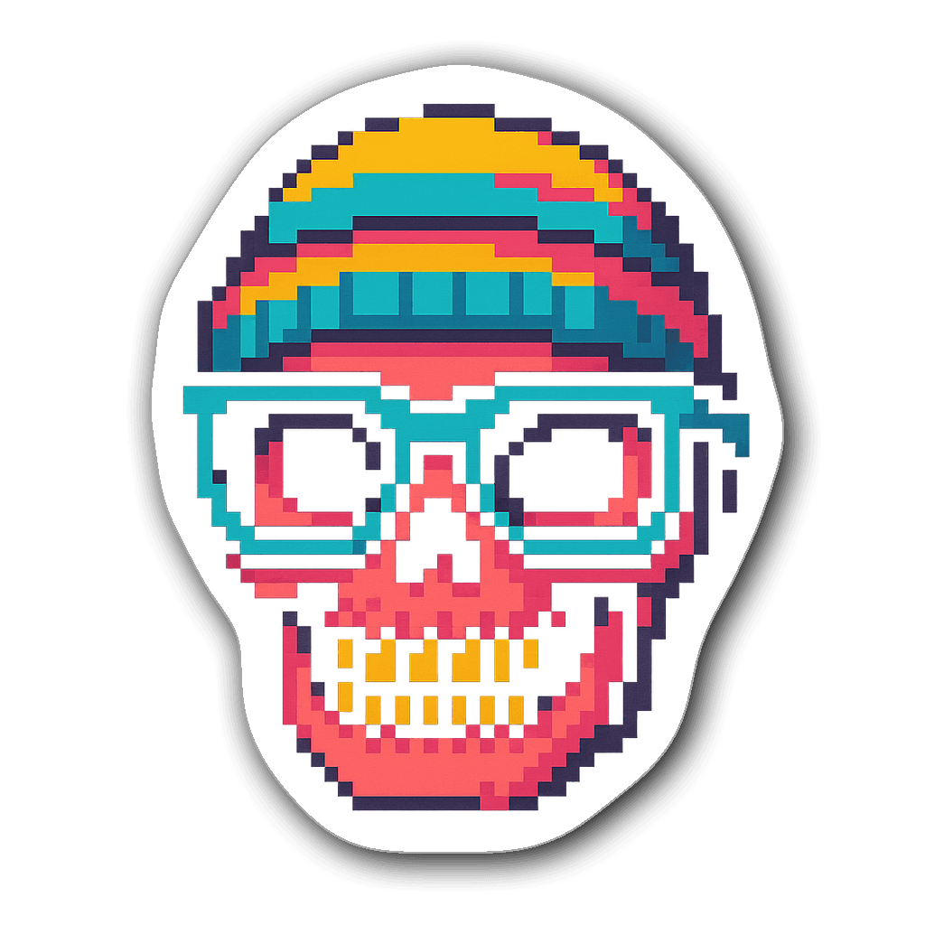 Pixel art skull sticker with glasses and a beanie