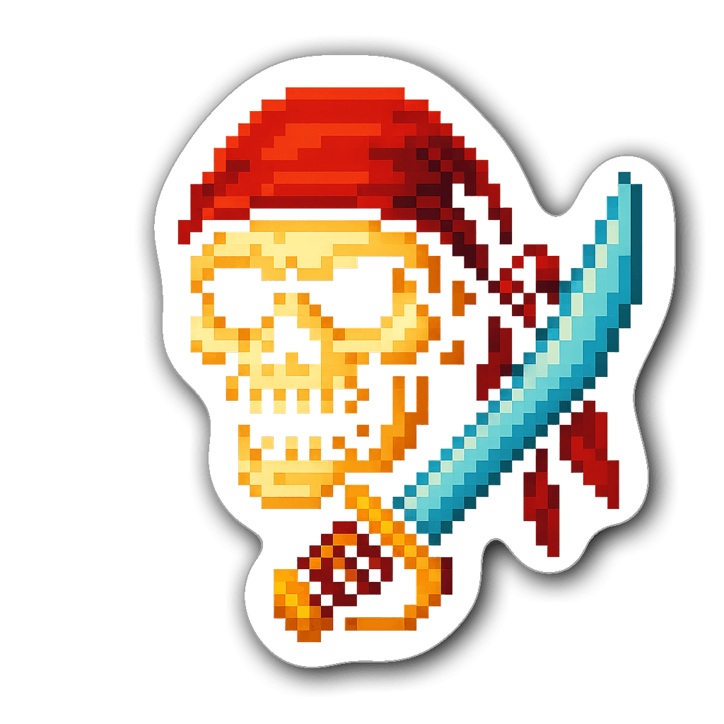 Pixel art skull sticker with pirate bandana and cutlass