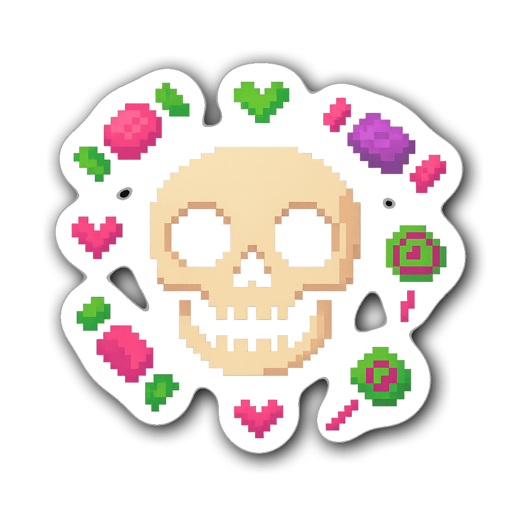 Friendly pixel art skull surrounded by candy and hearts sticker