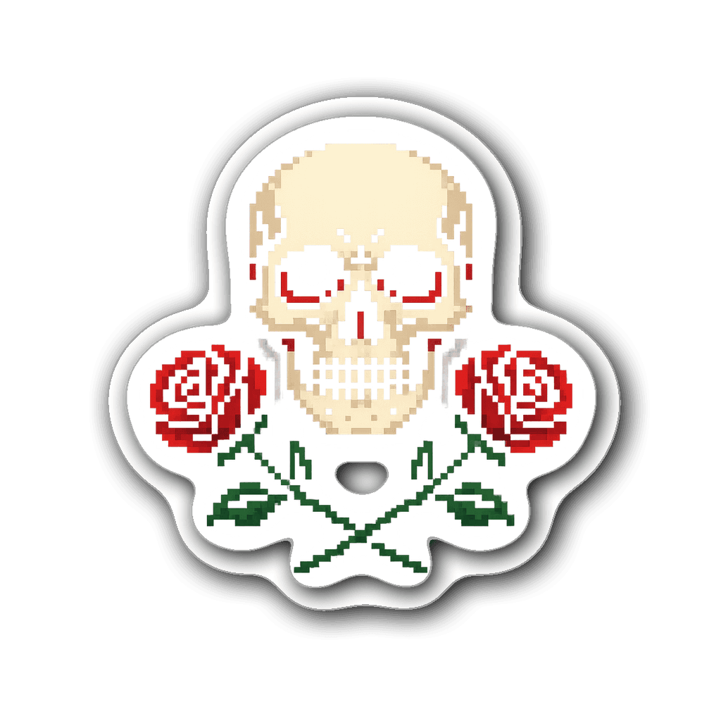 Pixel art skull sticker with two roses in vibrant colors