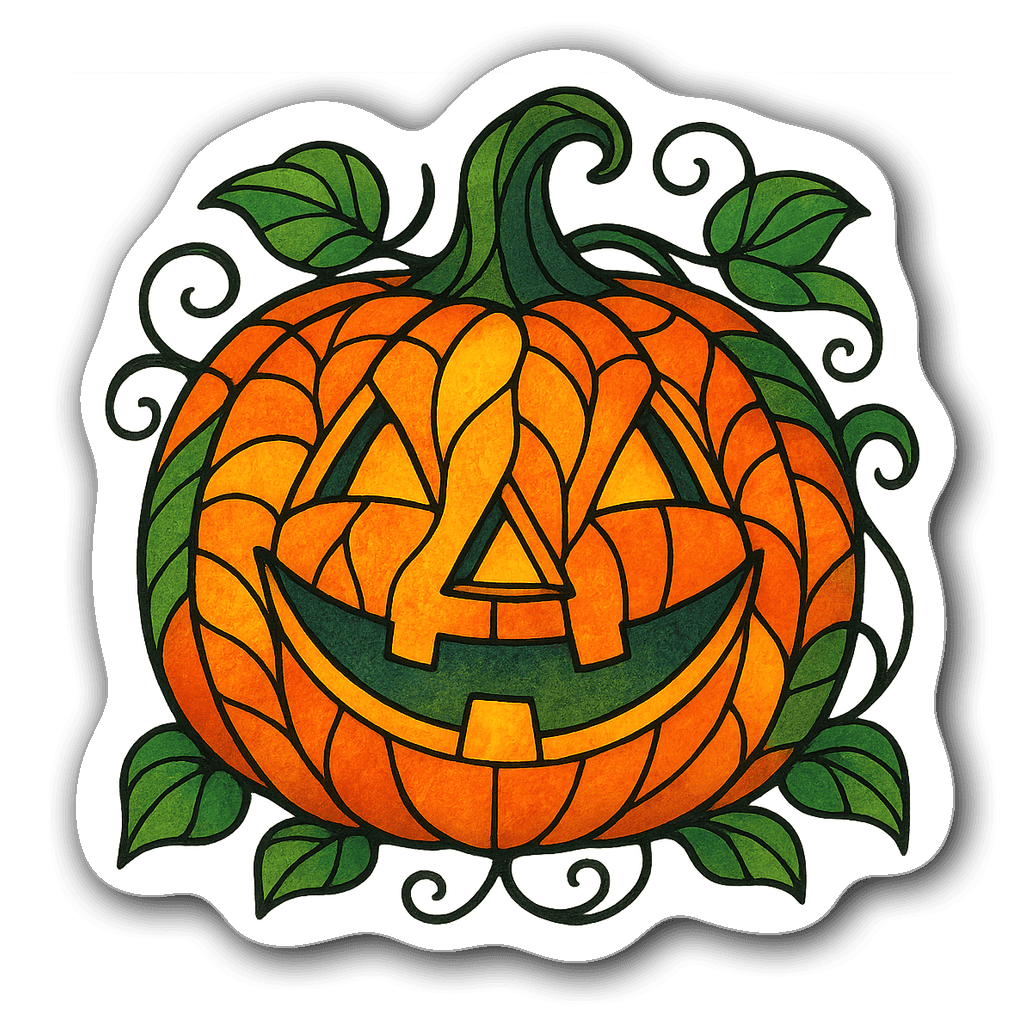 Vibrant stained glass jack-o'-lantern sticker with vines