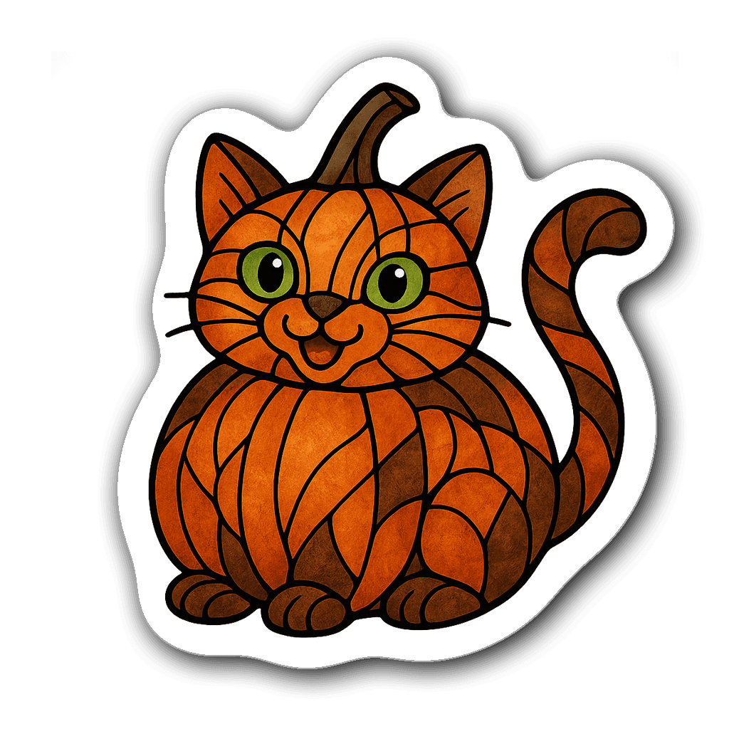 Stained glass pumpkin shaped like a cat with vibrant colors