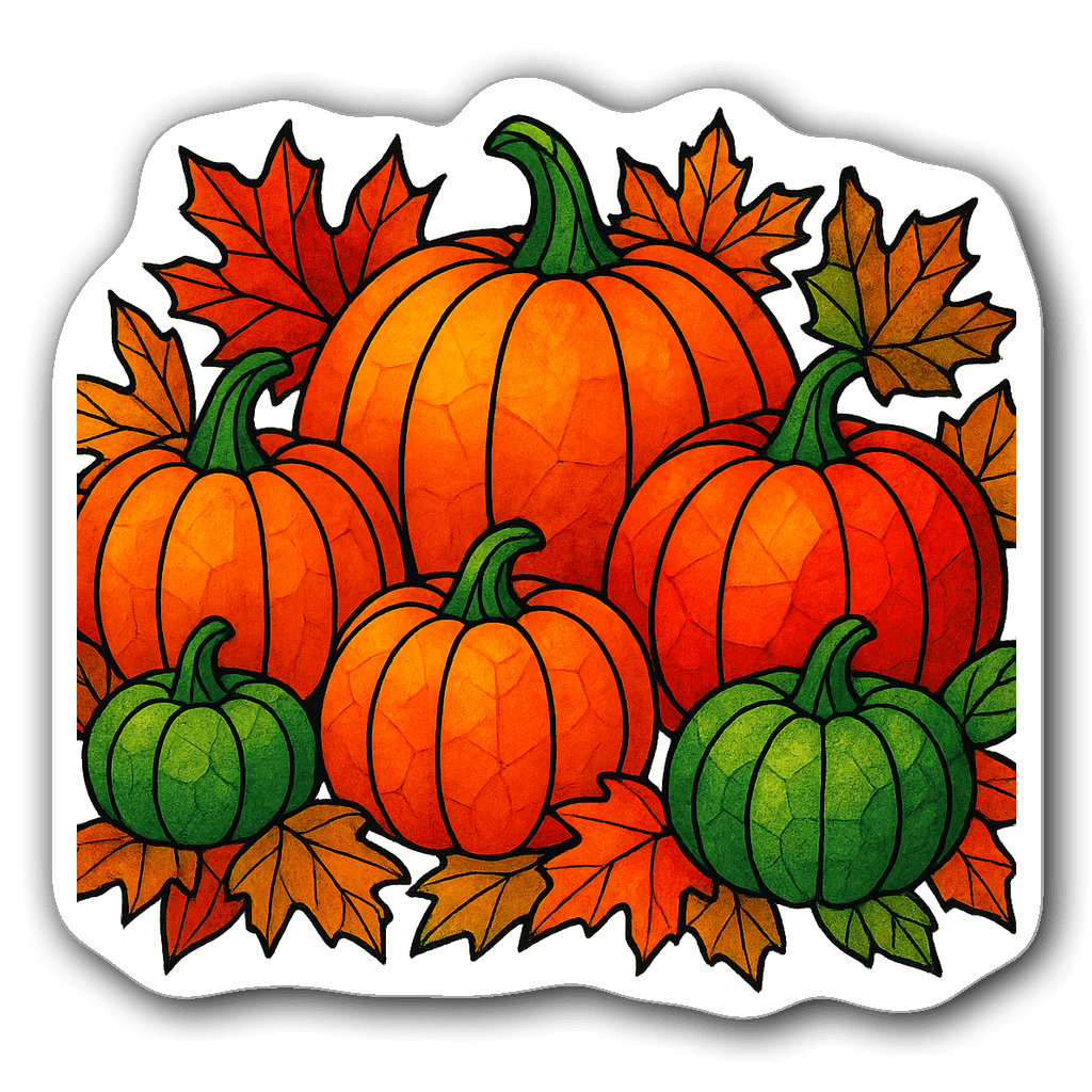 Stained glass pumpkin patch sticker with autumn leaves