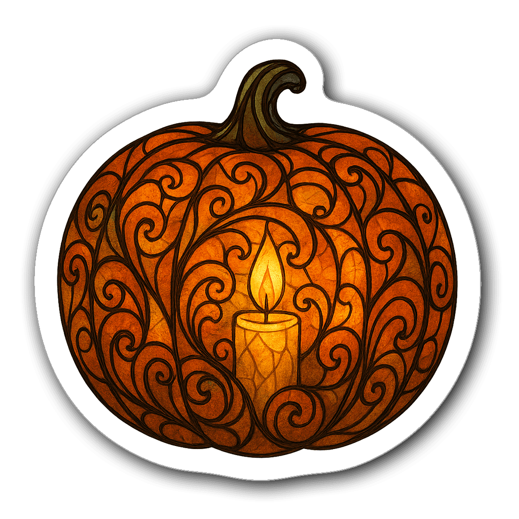 Stained glass pumpkin sticker with intricate swirling patterns and candle