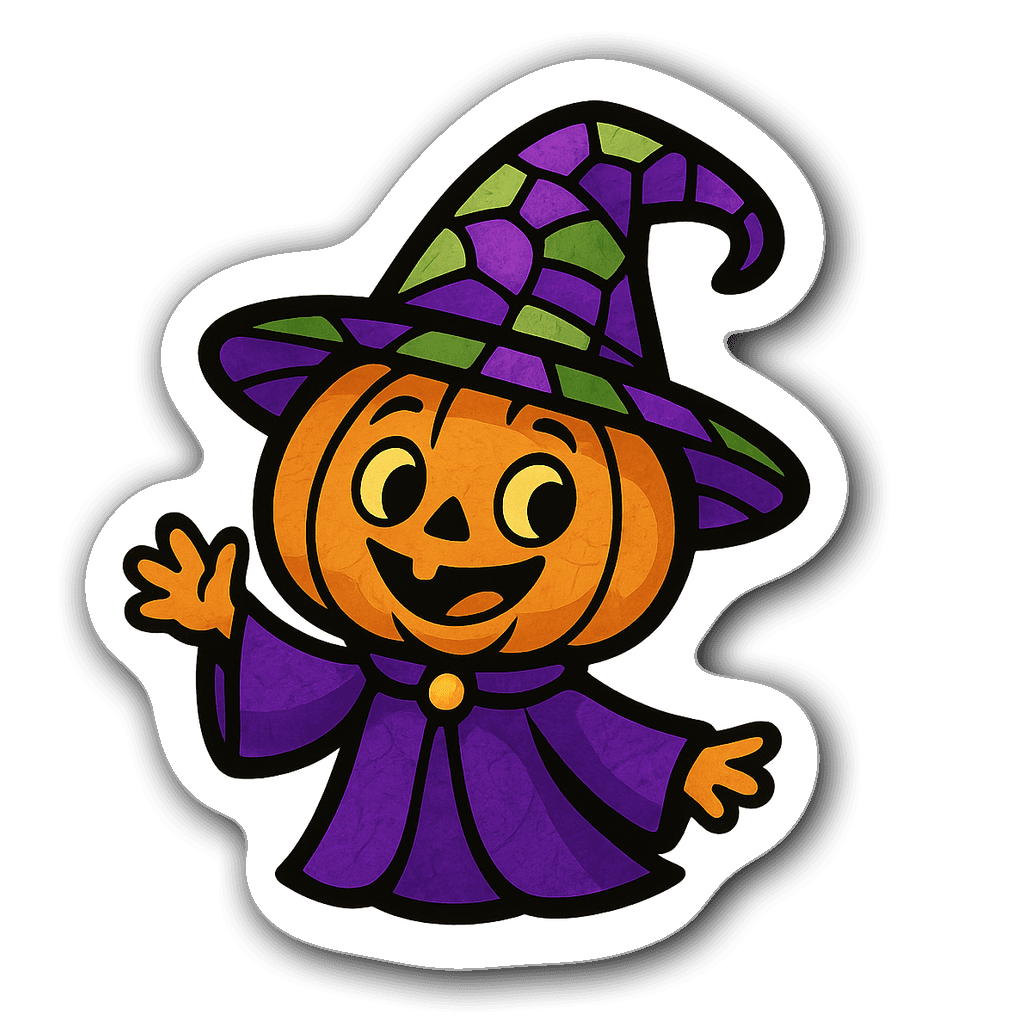 Cheerful pumpkin witch sticker with stained glass hat design