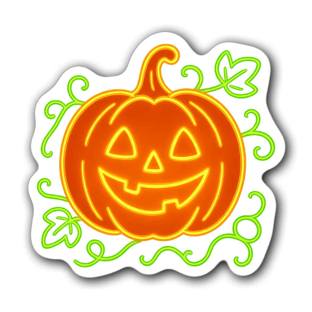 Cheerful neon pumpkin sticker with leaves and vines