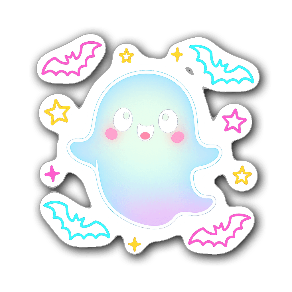 Adorable ghost sticker with neon bats and stars