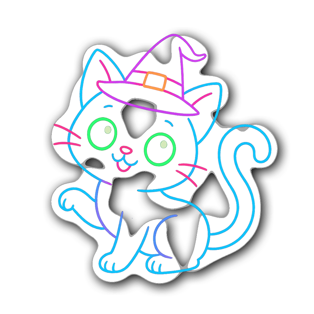 Cute black cat sticker with neon glow outline for Halloween