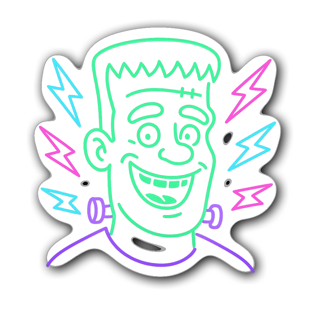 Friendly Frankenstein monster sticker with neon glow outlines