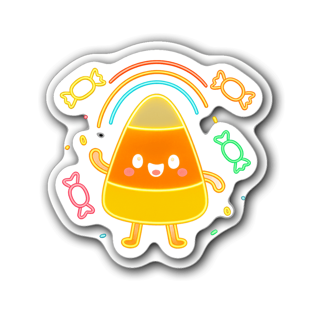 Cheerful neon candy corn character with colorful candy wrappers
