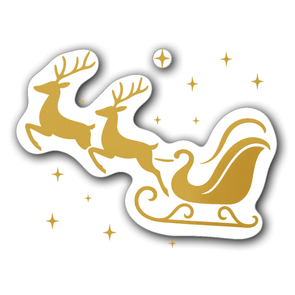 Minimalistic Santa sleigh with reindeer and stars in gold and green