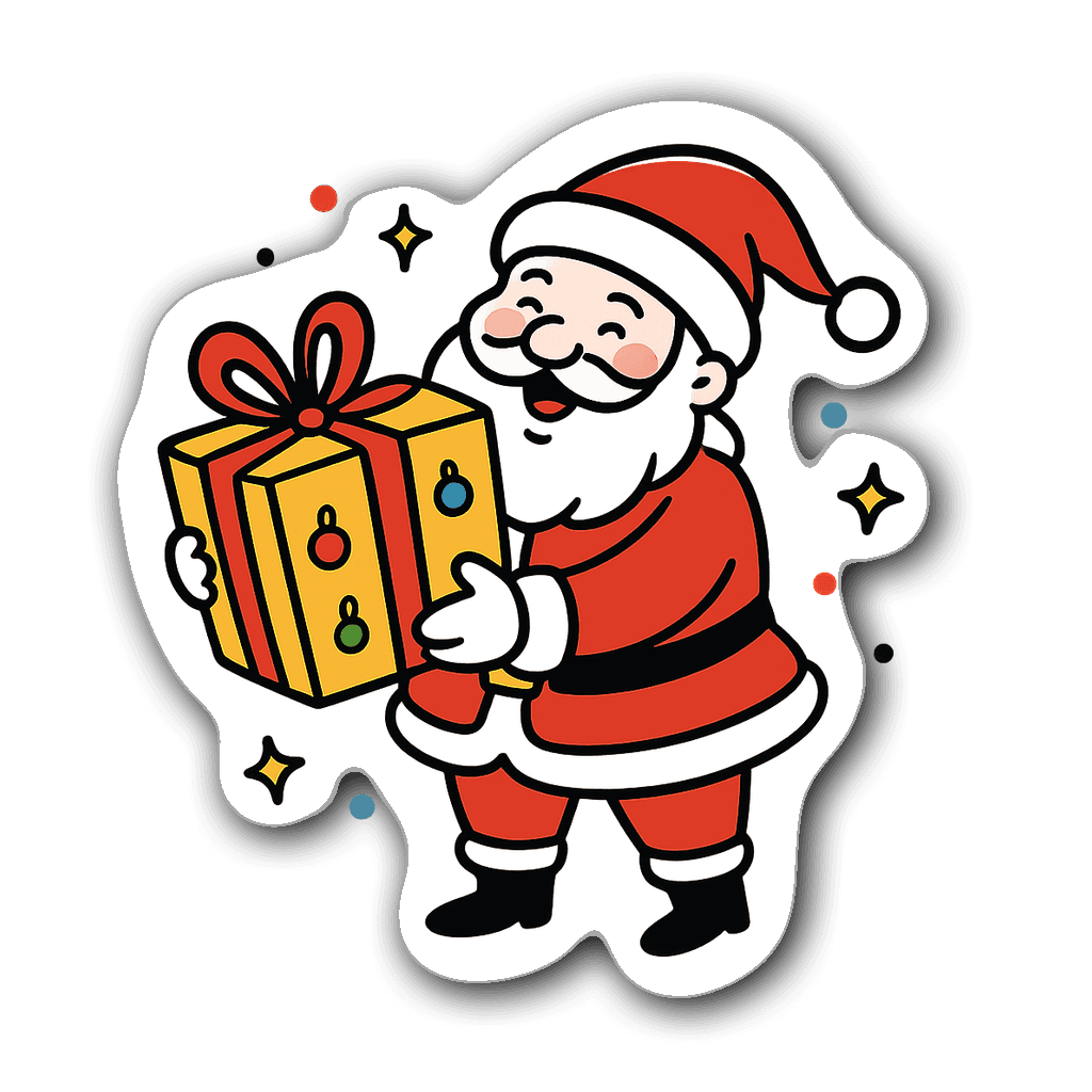 Cheerful Santa holding a gift in minimalist line art style.