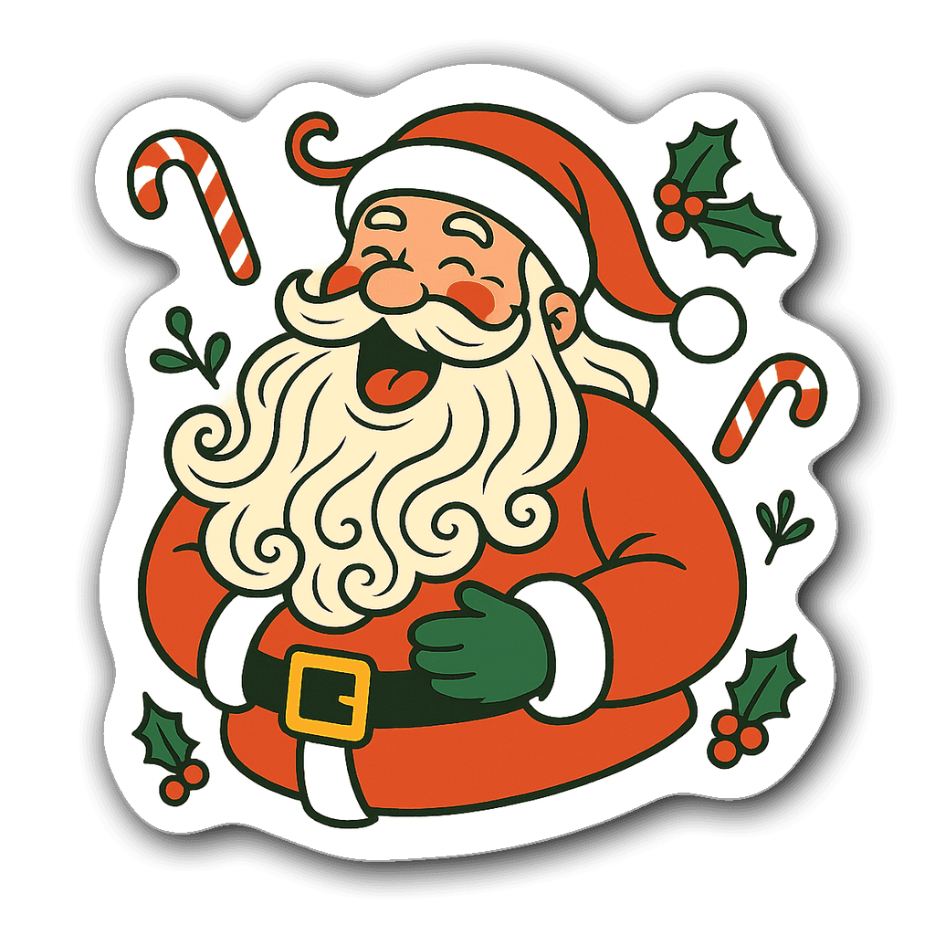 Whimsical Santa die-cut sticker with candy canes and holly