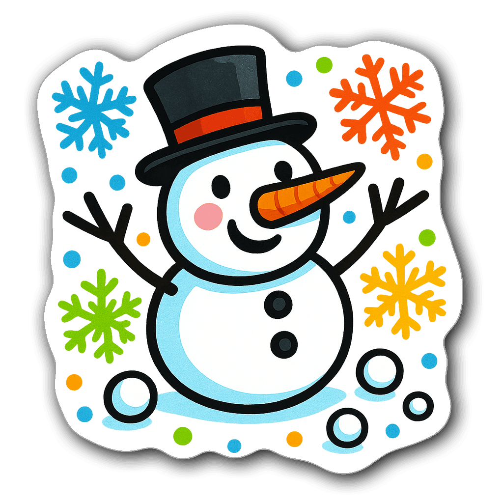 Cute snowman sticker with carrot nose and colorful snowflakes