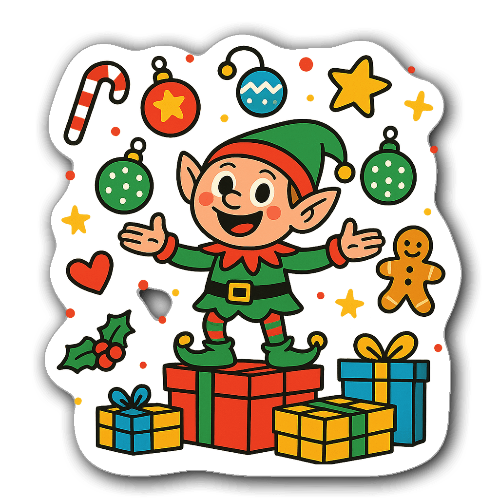 Playful elf juggling ornaments on gifts in vibrant colors