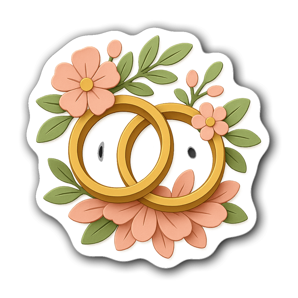 Whimsical wedding rings sticker with flowers and leaves