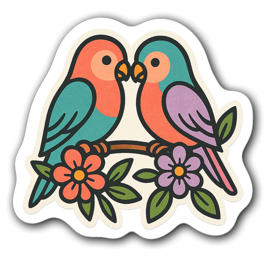 Die-cut sticker of a lovebird couple on a floral branch