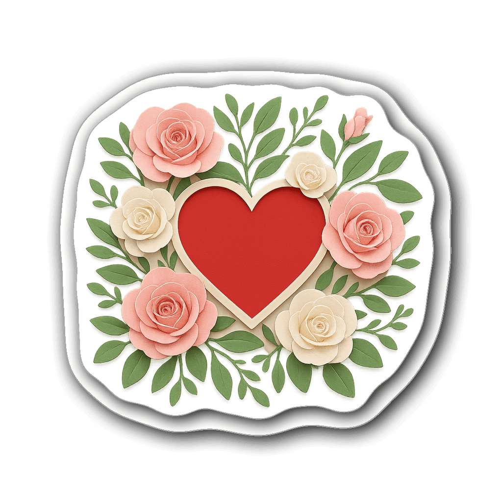Elegant heart sticker with blooming roses for weddings.