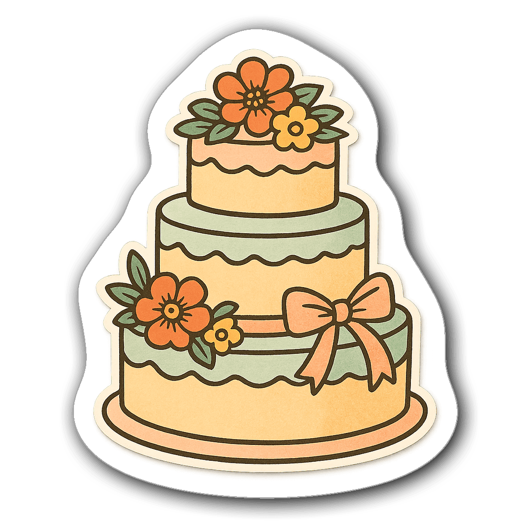 A layered die-cut pastel wedding cake sticker with flowers.