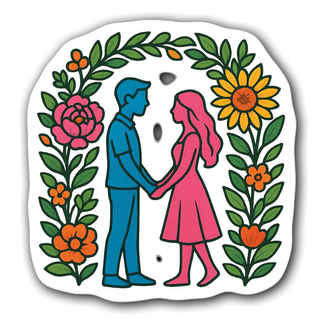 Whimsical silhouette of a wedding couple under a floral arch