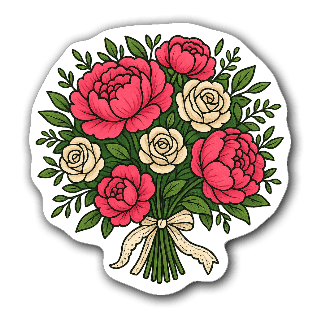 Whimsical bridal bouquet sticker with peonies and roses