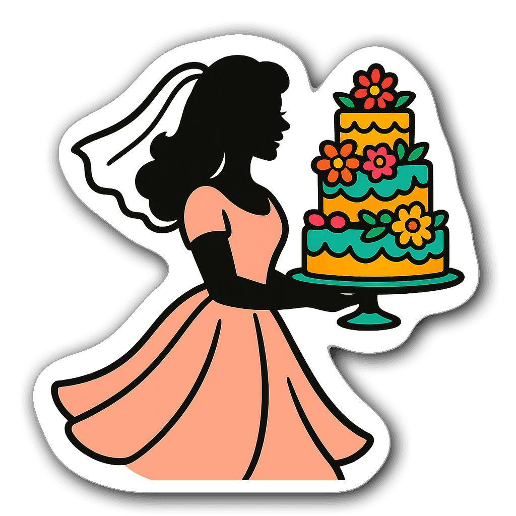 Bridal shower sticker with cheerful bride silhouette and cake
