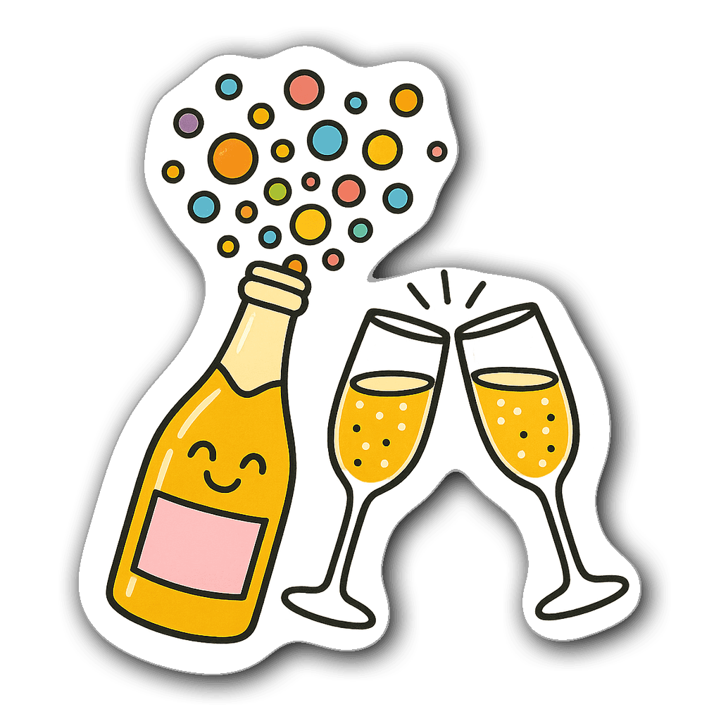 Colorful champagne bottle with clinking glasses and bubbles