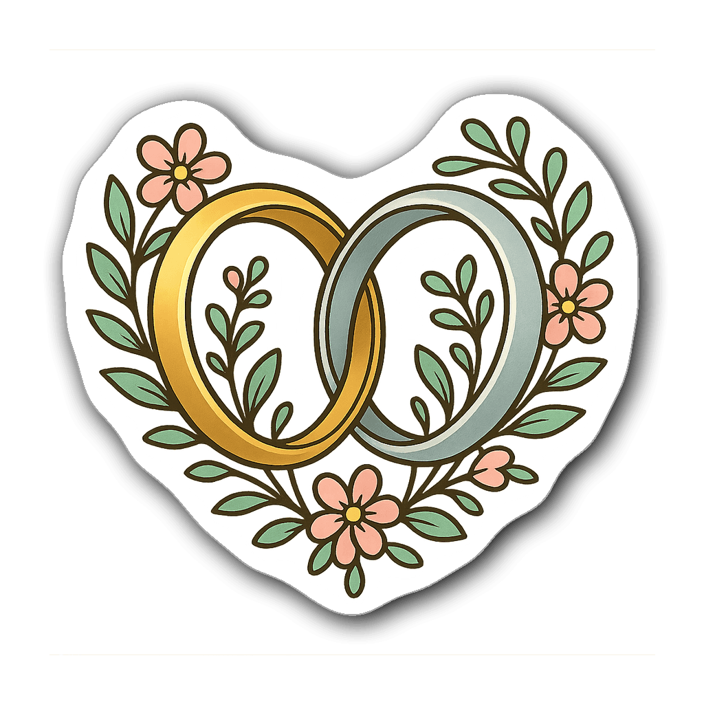 Elegant heart with intertwined wedding rings and flowers