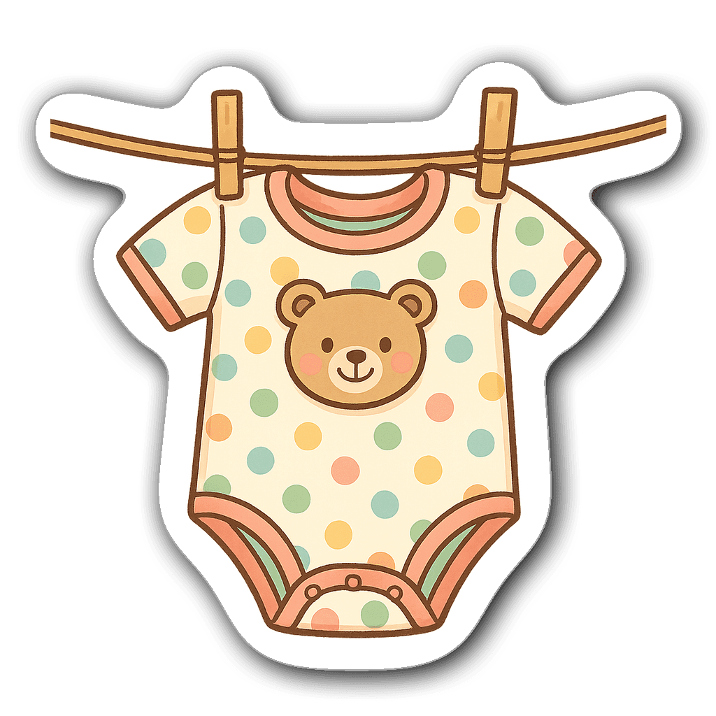 Adorable baby onesie sticker with colorful polka dots and teddy bear
