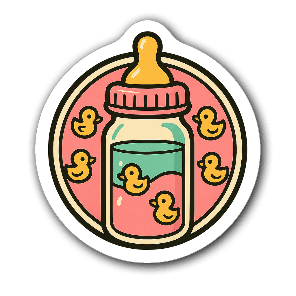 Retro baby bottle sticker with playful ducks and bright colors