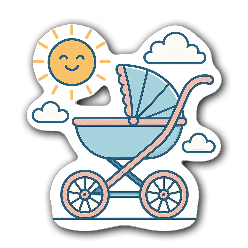 Retro baby stroller sticker design with sun and clouds