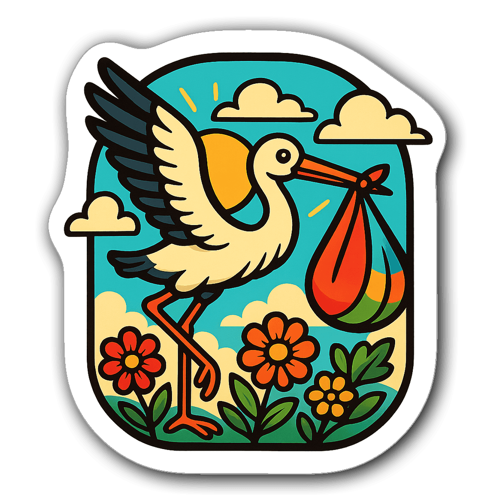Retro sticker of a stork carrying a colorful baby bundle