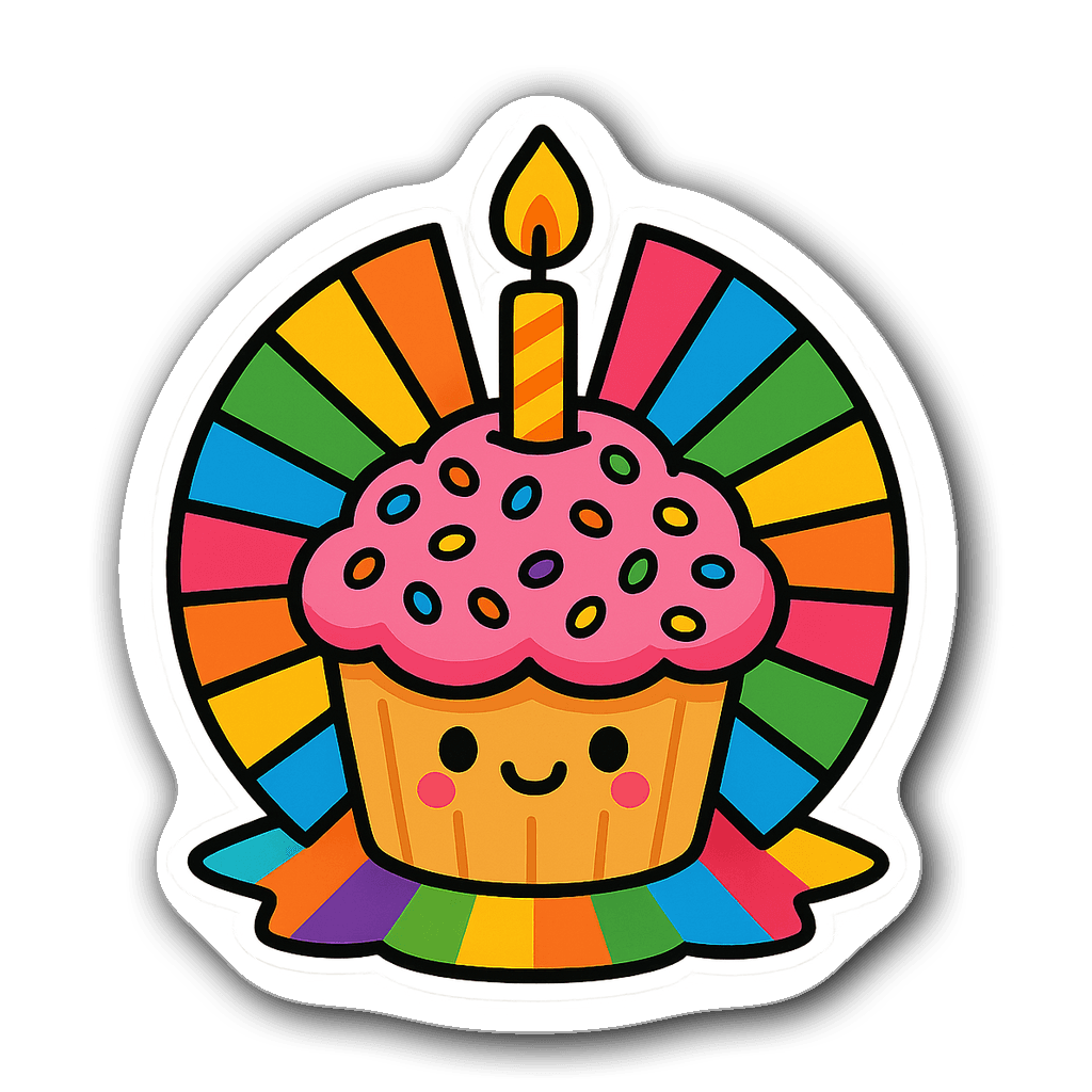 Cheerful cupcake birthday sticker with colorful sprinkles