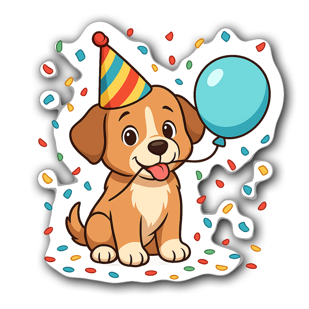 Adorable puppy wearing a party hat holding a balloon with confetti