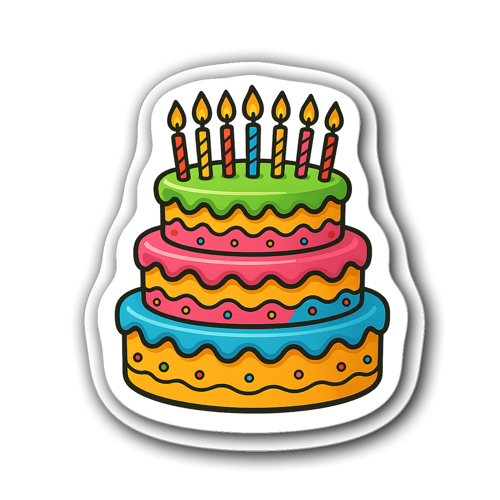 Whimsical birthday cake with vibrant icing and candles