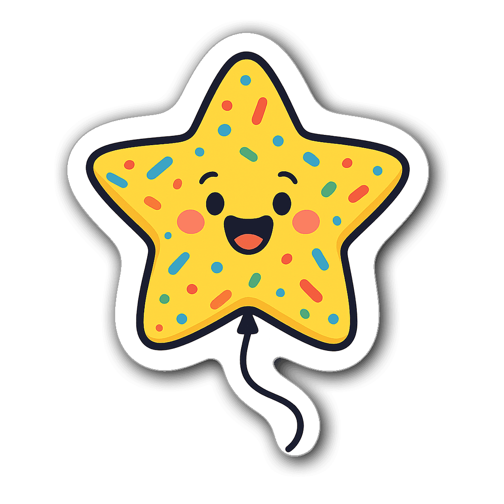 Star-shaped balloon sticker with colorful confetti designs