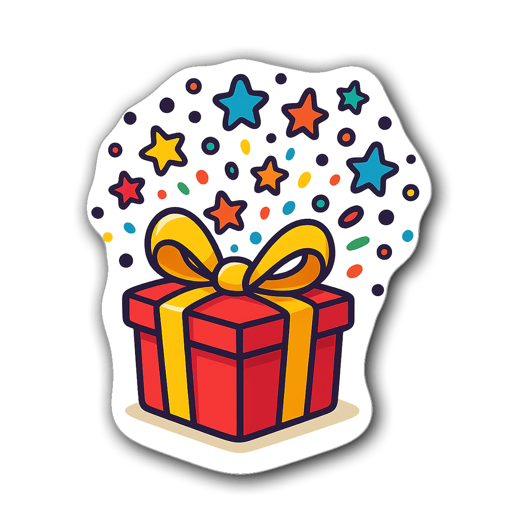 Animated present box with a big bow and colorful sparkles