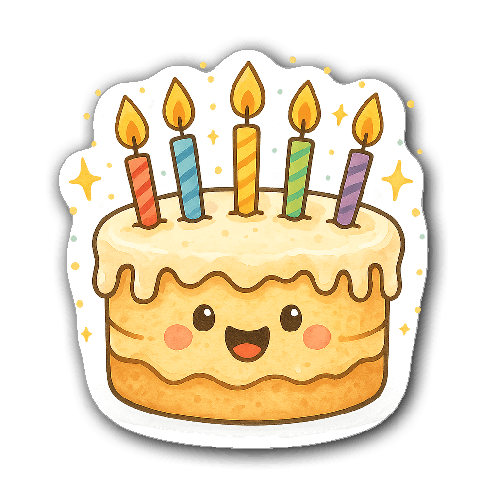 Cheerful cartoon birthday cake sticker with colorful candles