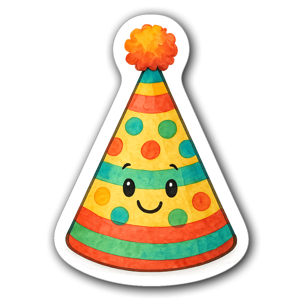 Watercolor sticker of a birthday party hat with dots and stripes