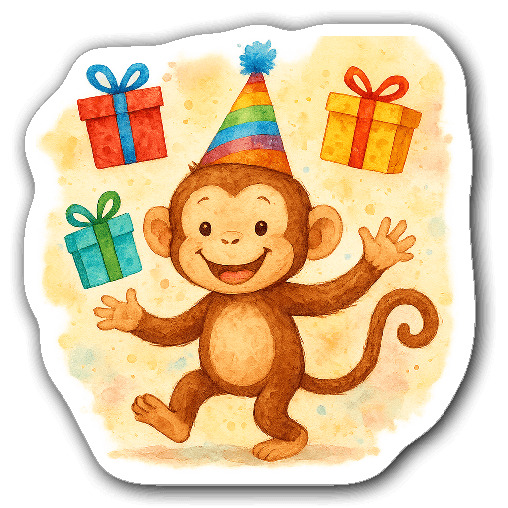 A cute, smiling monkey in a birthday hat juggling presents