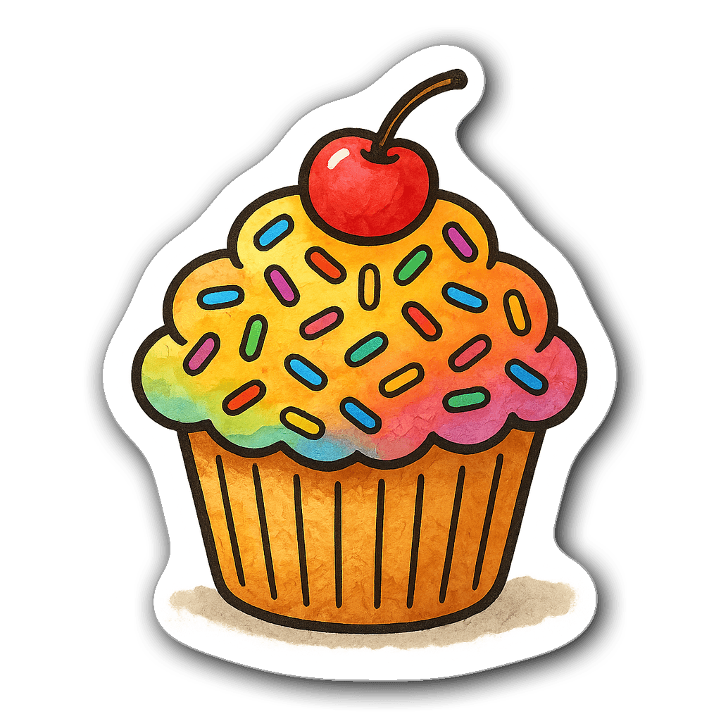 Vibrant cupcake with rainbow sprinkles and cherry illustration